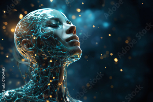 a schematic of human body with neural connections of head and brain and organ structures in form of hologram on abstract background with light, digital art, concept of biotechnology of future #749007693