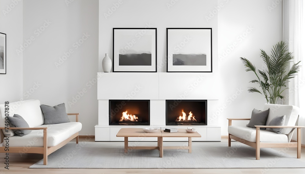 Fototapeta premium A wooden cabinet, an art poster, and two white sofas are situated next to a fireplace on a white wall. Modern living room interior design in a minimalist Scandinavian style.