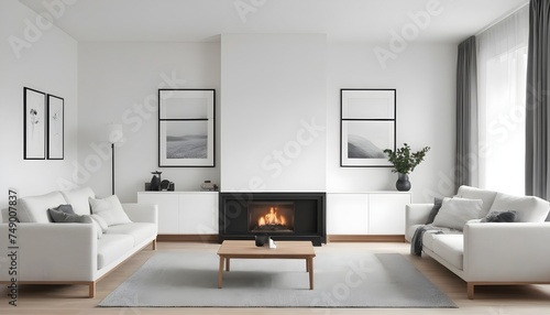 A wooden cabinet  an art poster  and two white sofas are situated next to a fireplace on a white wall. Modern living room interior design in a minimalist Scandinavian style.