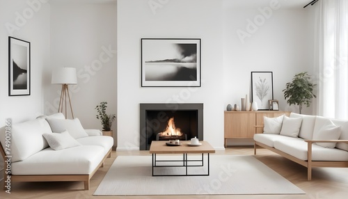 A wooden cabinet, an art poster, and two white sofas are situated next to a fireplace on a white wall. Modern living room interior design in a minimalist Scandinavian style. © Antonio Giordano