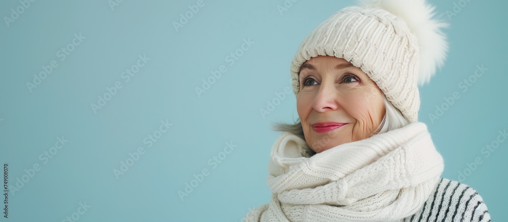 A middle-aged woman wearing a white hat with ear flaps and a matching scarf, set against a light blue winter background. She is smiling warmly. A middle-aged woman wearing a white hat with ear flaps and a matching scarf, set against a light blue winter background. She is smiling warmly.
