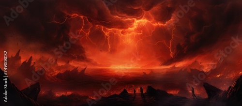 A painting depicting a red and ominous sky filled with bright lightning, creating a sense of impending doom and judgment. The scene evokes a feeling of an apocalyptic religious background with a sense