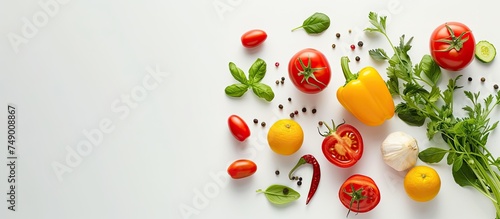 A variety of different types of fresh vegetables, such as carrots, bell peppers, zucchinis, and tomatoes, laid out neatly on a clean white surface. © AkuAku