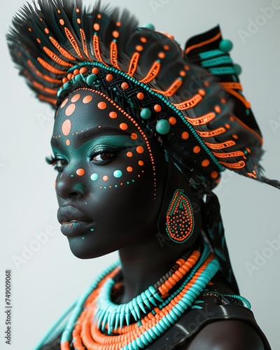 Experience unbearable creativity in fashion: Vantablack meets vivid turquoise and orange accents. Detailed beauty transforms into a fierce warrior.