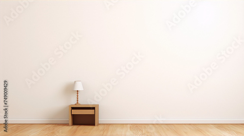 3D rendering of a nightstand with a lamp on it in front of a blank wall
