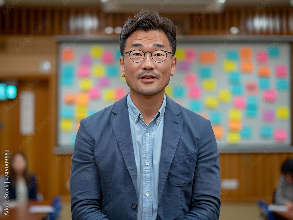 Fototapeta premium Un homme d'origine asiatique fait un cours devant un tableau blanc recouvert de post-it, études supérieures, école, faculté, université ou école d'ingénieur ou de design