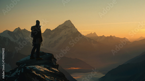 A mountain climbers silhouette against the backdrop of a vast mountain range at sunrise. © Thomas