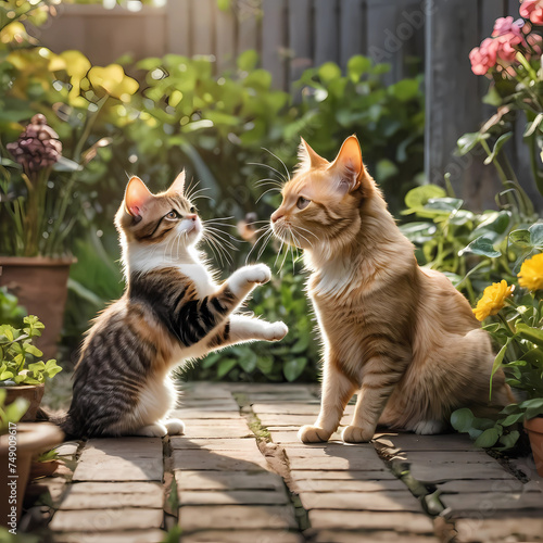 Beautiful picture of two cats playing in a backyard photo
