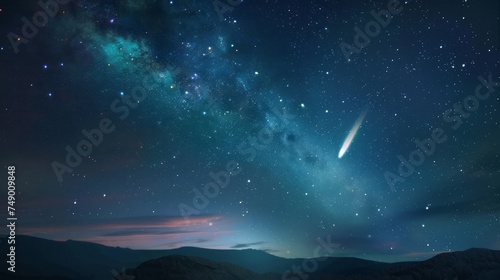 Space wallpaper. Breathtaking moment as a comet streaks through the heavens, its luminous tail trailing behind like a celestial brushstroke across the canvas of the night