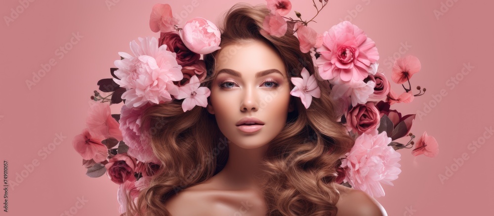 A woman with flowers in her hair stands against a pink background. The flowers add a touch of beauty and elegance to her appearance.