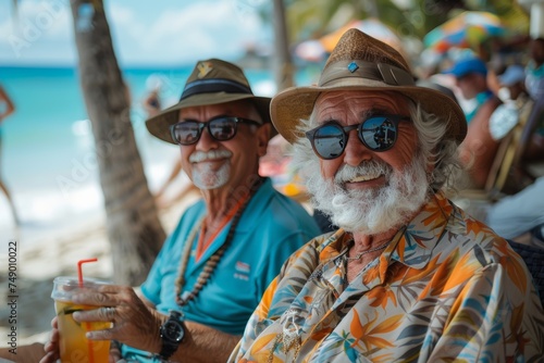 Smiling retirees in vibrant shirts savor sunny beach relaxation with tropical drinks