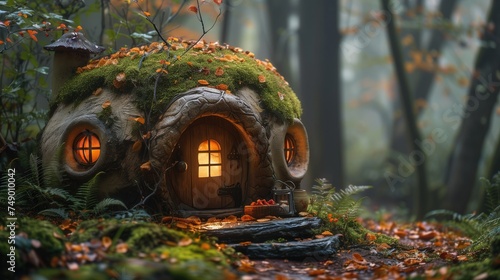 Little wooden house in the forest. Halloween concept. Fairy tale.