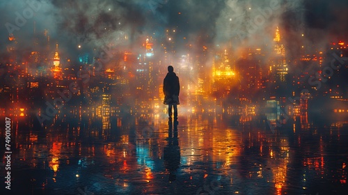 Silhouette of man in the city at night with a lot of smoke and fog