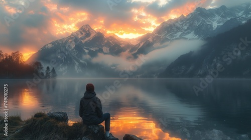 Man sitting on the edge of a mountain lake and watching the sunset