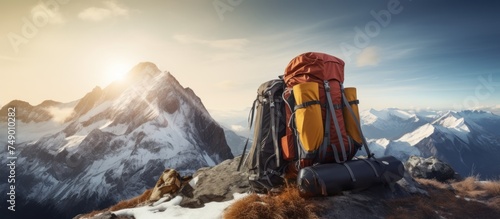 Climbing Gear with a Breathtaking Mountain photo