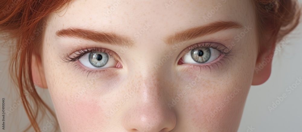 A close up of a womans face with striking blue eyes staring directly into the camera, showcasing her intense and alluring gaze. The young ladys features are highlighted against a plain white A close up of a womans face with striking blue eyes staring directly into the camera, showcasing her intense and alluring gaze. The young ladys features are highlighted against a plain white