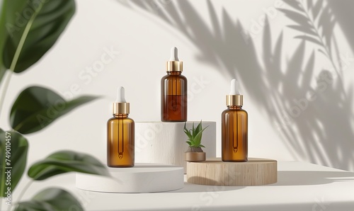 Beauty natural skincare product mock up. Serum or Collagen Dropper Bottles on different geometric podiums. Skincare products presentation. Generated by artificial intelligence.
