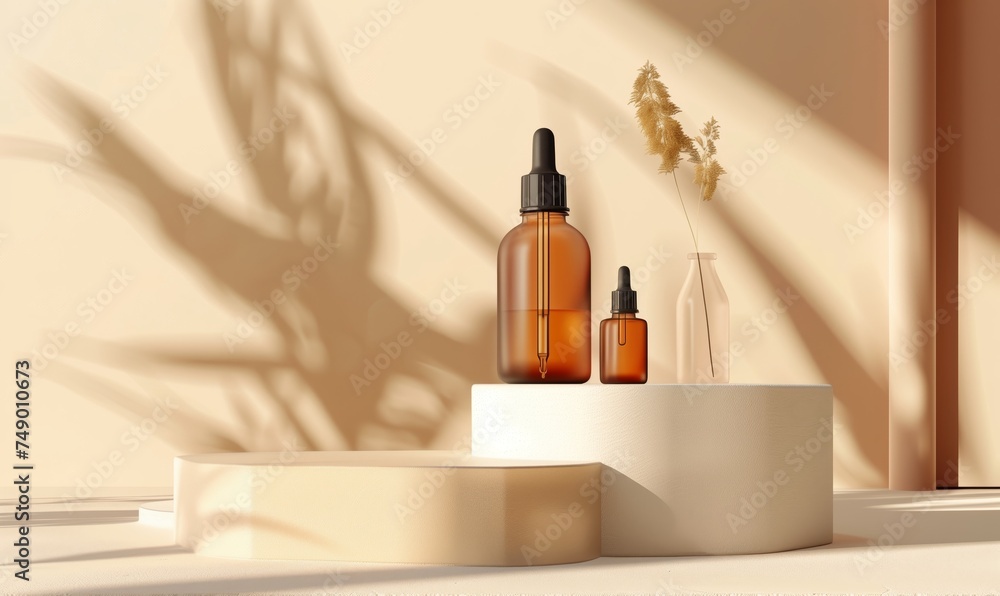 Beauty natural skincare product mock up. Serum or Collagen Dropper Bottles on different geometric podiums. Skincare products presentation. Generated by artificial intelligence. Beauty natural skincare product mock up. Serum or Collagen Dropper Bottles on different geometric podiums. Skincare products presentation. Generated by artificial intelligence.