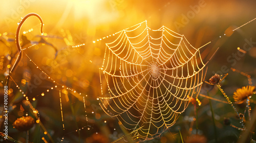 A peaceful morning dew covering a spiderweb in a meadow at sunrise.