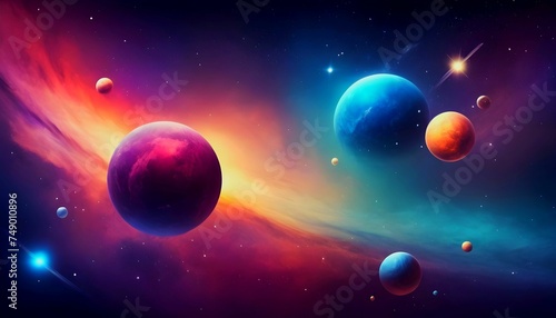 Abstract colorful cosmos background. Planets and galaxies, sky and stars in universe created with generative ai 