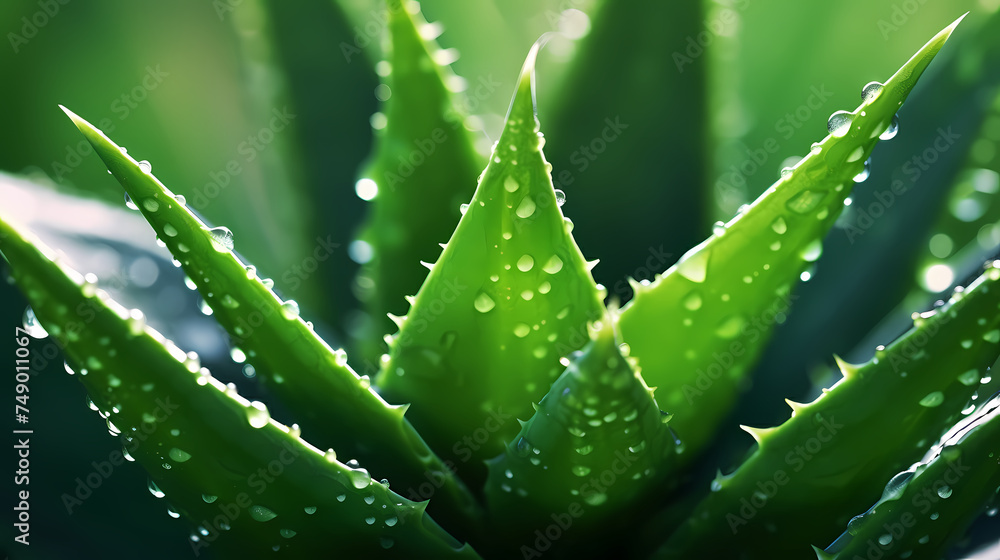 Green aloe vera leaf with dew drops background Green aloe vera leaf with dew drops background