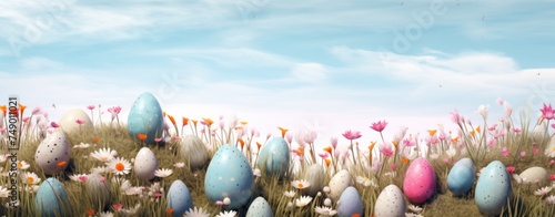 Easter eggs are in the grass on a bright background