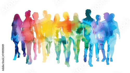 colorful watercolor silhouette of diverse people walking forward unity in diversity concept photo