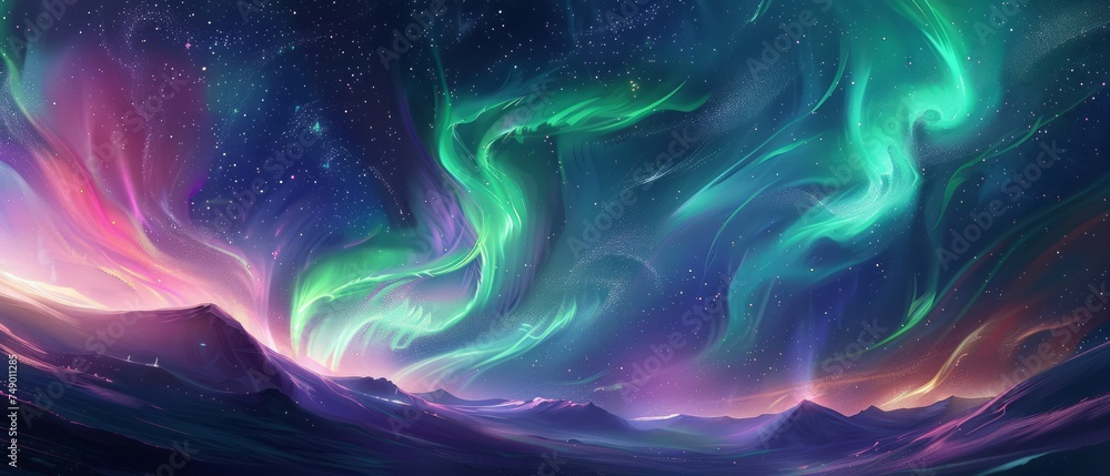 Space wallpaper. Mesmerizing dance of the auroras swirling across the night sky, painting it with vibrant hues of green, purple, and pink against a backdrop of twinkling stars - obrazy, fototapety, plakaty 