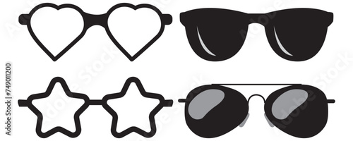 Sunglasses icons. Black sunglass, mens glasses silhouette and retro eyewear icon. Polarized geek glasses, hipster sun lens ocular. Isolated symbols vector set photo