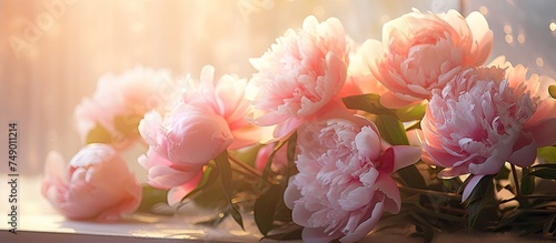 A collection of pink peonies is neatly arranged on a window sill, casting light and shadows against the blurred background. photo