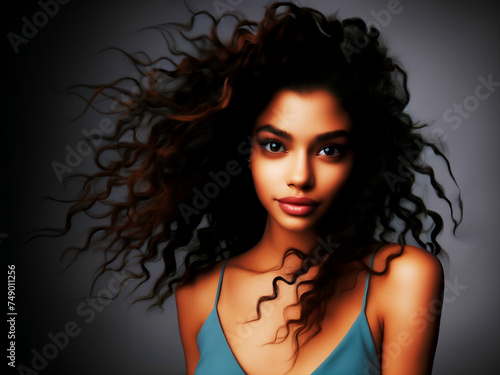 portrait of a young woman with black long curly hair, a beautiful girl model, gorgeous supermodel, tan skin, angel