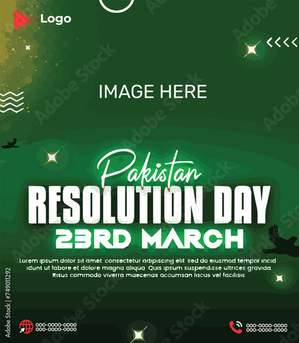 Pakistan resolution day 23 march 1940 holiday of march with green background | 23 march resolution day pakistan celebration instagram stories instagram and facebook post template | Pakistan resolution photo