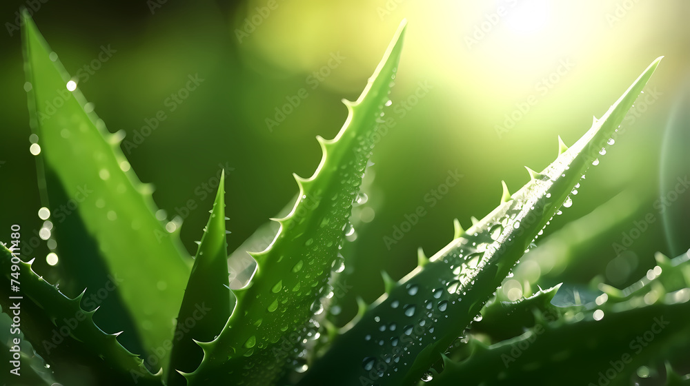 Green aloe vera leaf with dew drops background Green aloe vera leaf with dew drops background