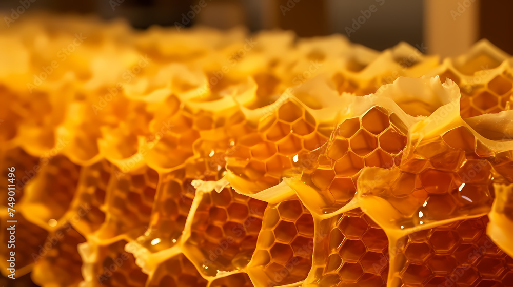 A swarm of bees working hard on a honeycomb with copy space in the background