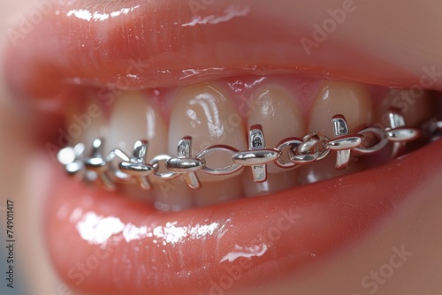Beautiful female smile with self-ligating ceramic braces and metal braces. Orthodontic treatment.