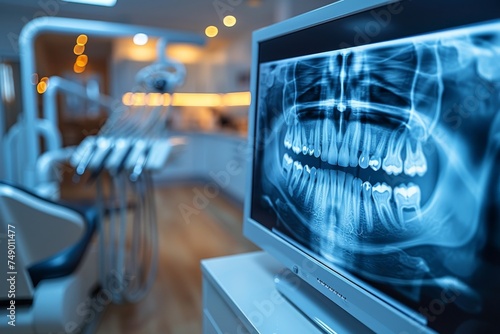 An image of a dentist's chair and tools with an x-ray picture on TV in the background. This image shows dental care, dental hygiene, checkups, and therapy for dental problems.