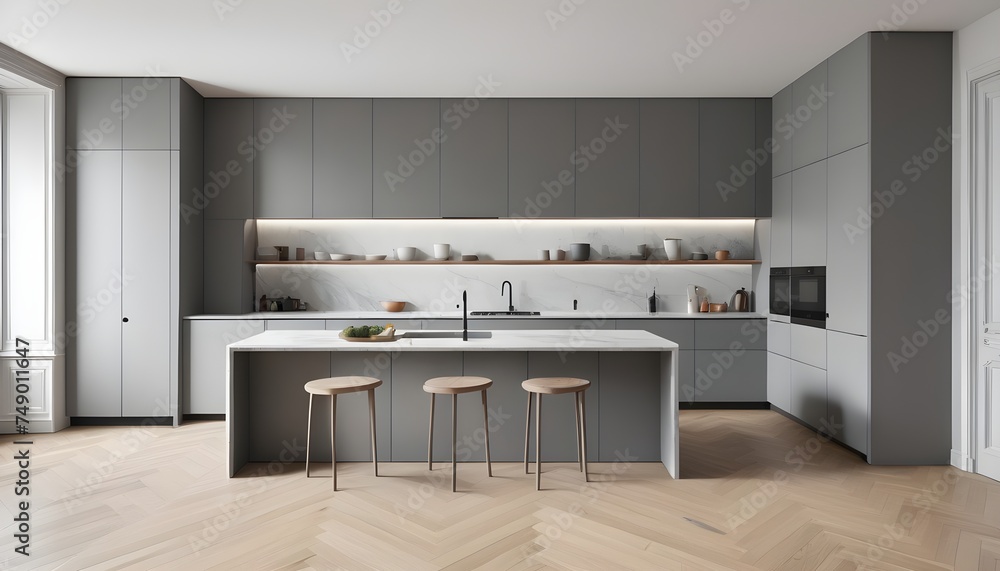 A three-dimensional representation of a minimalist kitchen in Paris including grey cabinetry, a white marble countertop, and a wood herringbone floor A three-dimensional representation of a minimalist kitchen in Paris including grey cabinetry, a white marble countertop, and a wood herringbone floor