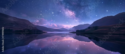 Space wallpaper. Serene scene of a tranquil lake reflecting the star-studded night sky above, capturing the timeless beauty of the cosmos mirrored in the still waters below photo
