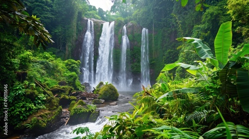 Majestic waterfalls surrounded by lush foliage  a refreshing scene for a hot summer day