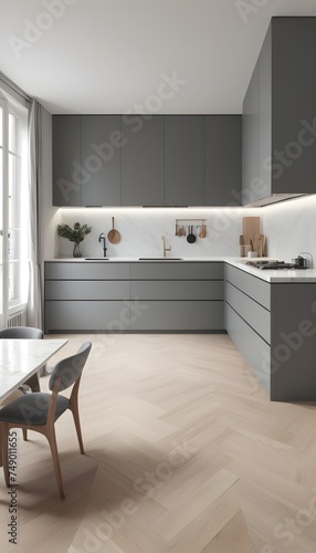 A three-dimensional representation of a minimalist kitchen in Paris including grey cabinetry, a white marble countertop, and a wood herringbone floor © Antonio Giordano