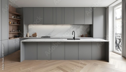A three-dimensional representation of a minimalist kitchen in Paris including grey cabinetry, a white marble countertop, and a wood herringbone floor