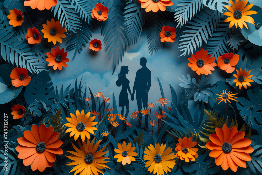 Paper cutout of a man and woman holding hands in a field filled with colorful flowers, for the international day of families