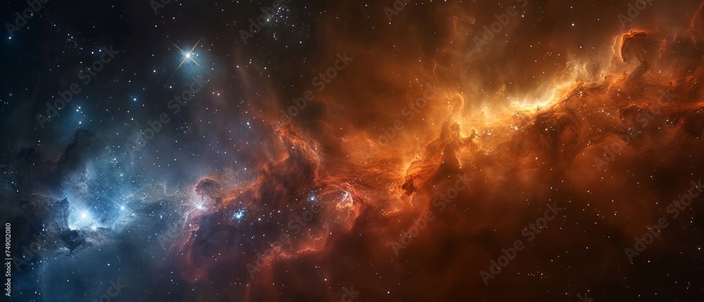 Fototapeta premium Stunning contrast between the fiery glow of a distant nebula and the icy brilliance of nearby stars, highlighting the intricate interplay of light and shadow within the cosmic landscape
