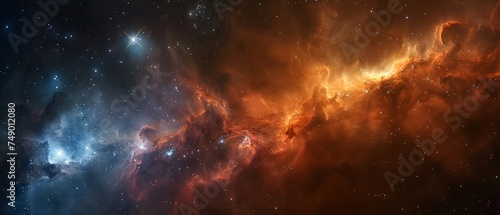 Stunning contrast between the fiery glow of a distant nebula and the icy brilliance of nearby stars  highlighting the intricate interplay of light and shadow within the cosmic landscape