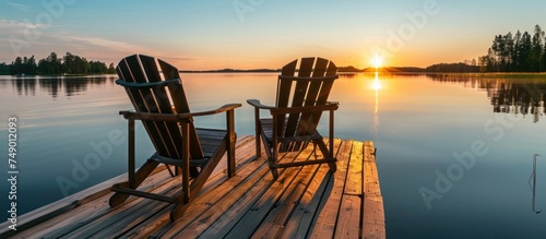 wooden chairs on a wooden pier on the blue water of a lake photo