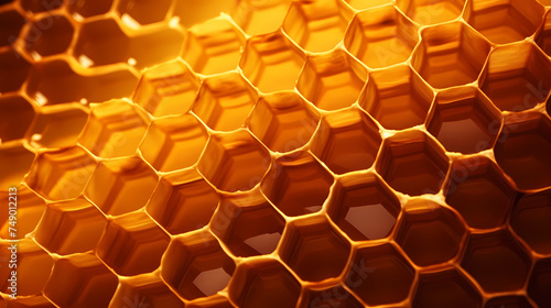 A swarm of bees working hard on a honeycomb with copy space in the background