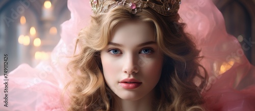 A closeup portrait of a beautiful young girl with a pink crown adorning her head, exuding elegance and regality.