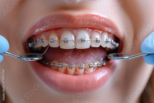 At a dental clinic office, a female dentist examines patient teeth with braces. Medical and dental equipment are shown.