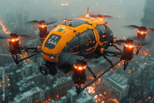 Urban sky ride: Drone taxi transporting passengers through the cityscape.