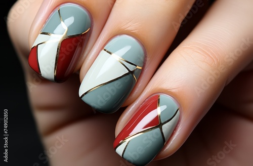a white and red manicure with clear tips, a white one